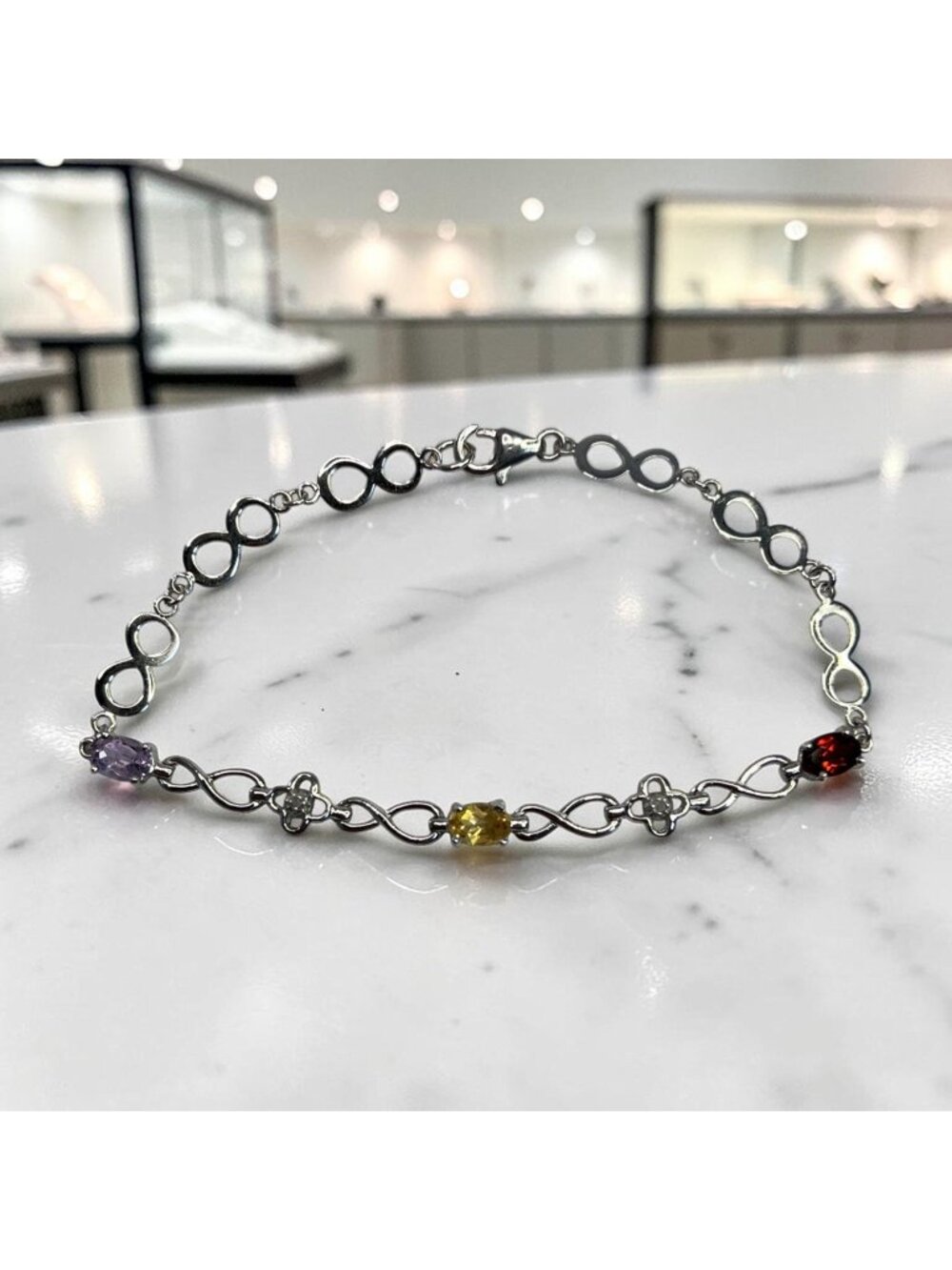 Sterling Silver 925 Bracelet With 3 Multi-Color Gemstones & Infinity Link Design